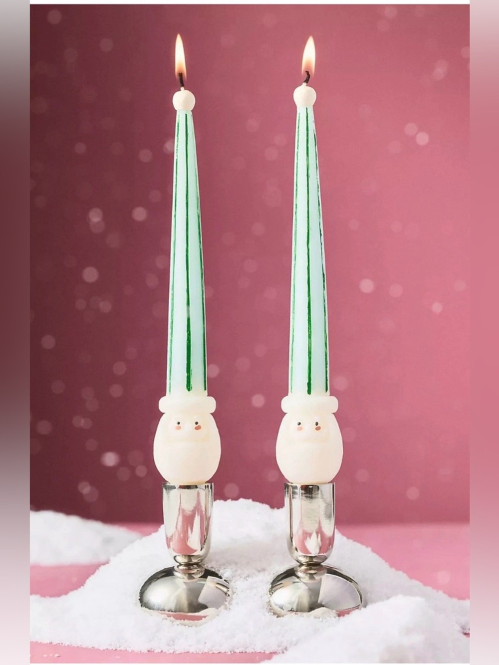 Anthropologie Santa In Hat Christmas 3D Taper Candles NWT Green & White